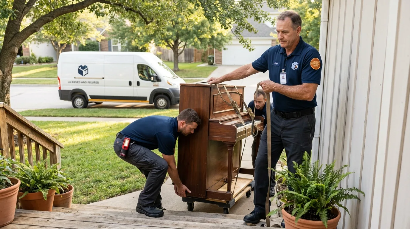 Licensed piano movers securing grand piano in Harrison, NY