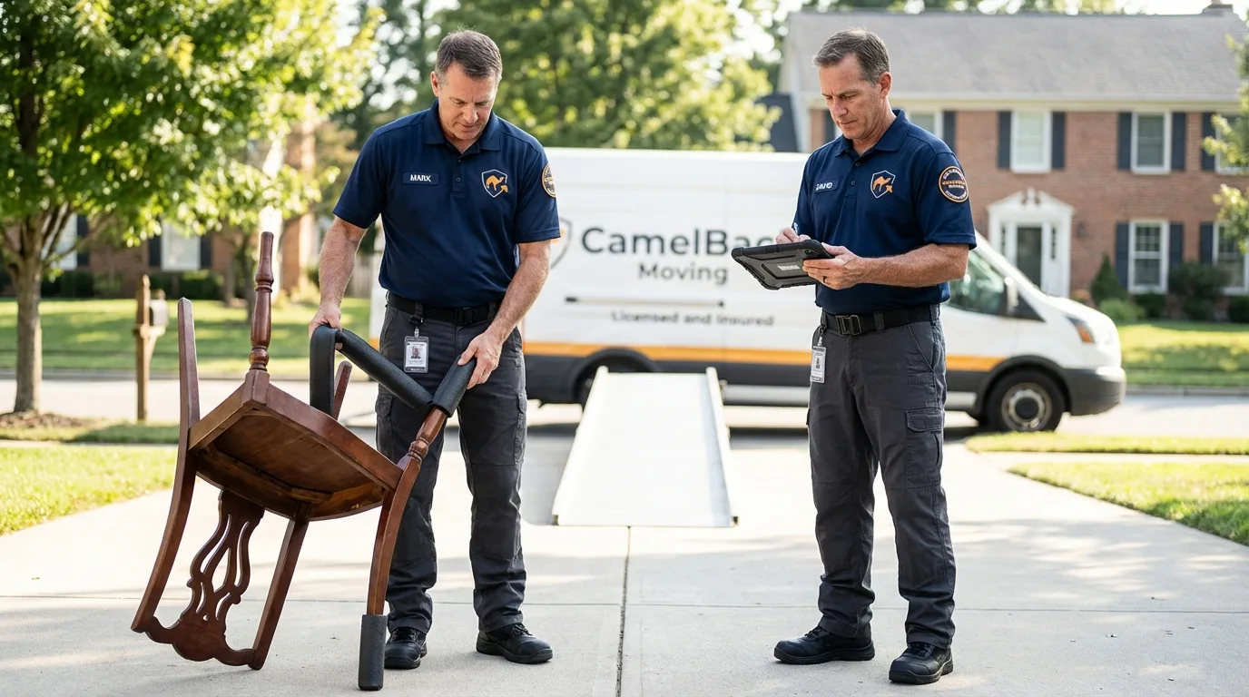 Movers inspecting furniture for damage prevention before loading in Harrison, NY