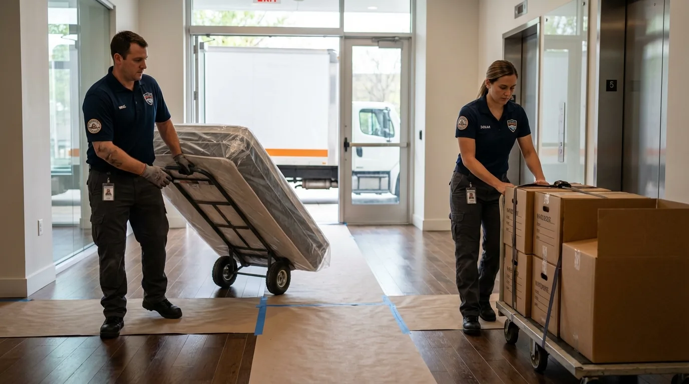 Professional apartment movers loading elevator in Harrison, NY